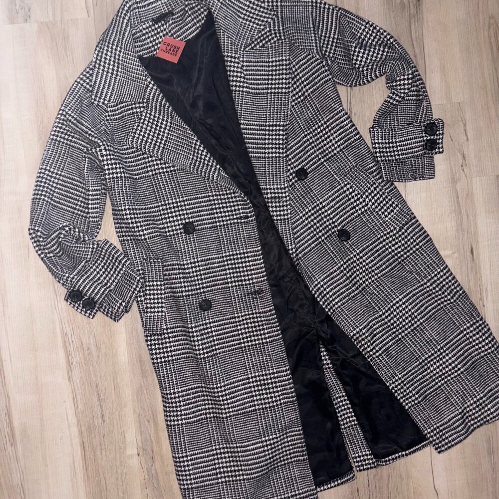 Black and White Plaid Woolen Pea Coat